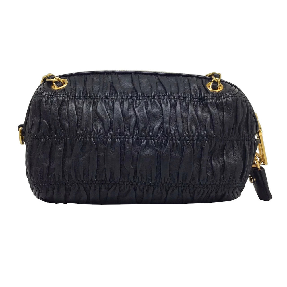 PRADA Logo Chain Shoulder Bag Gathered Nero Black Leather y